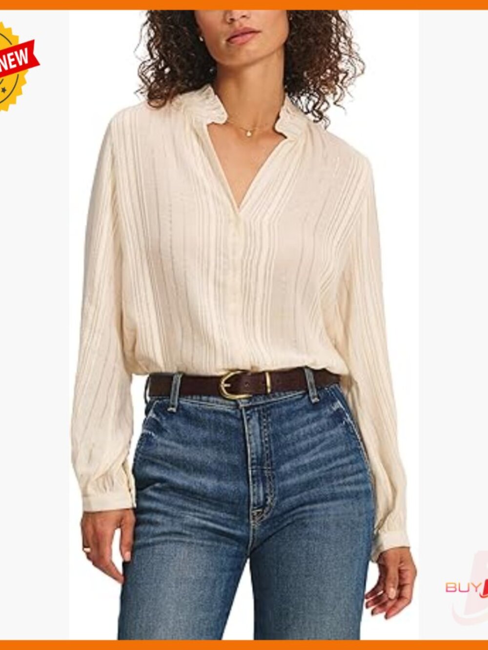 Long Sleeve V-Neck Blouse With Lurex Stripe Detail Regular Fit
